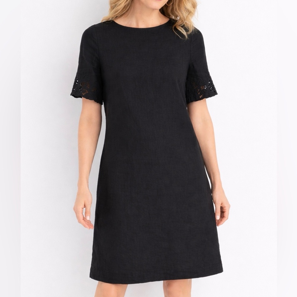 Chico’s Women’s Black Linen Shift Dress Cut Out Sleeve Classic Eyelet Embroidery